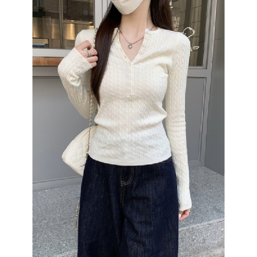 Real-shot Autumn/Winter Korean-style Elegant Half-Neck Cable-Knit Buttoned Design Andy Velvet Knitted Base Layer Sweater