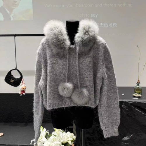2025 New Hooded Short Length Melting Point Spring and Autumn Knit Cap Sweatshirt for Women with Fox Fur Hood - Small Frame
