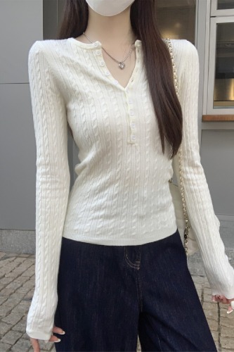 Real-shot Autumn/Winter Korean-style Elegant Half-Neck Cable-Knit Buttoned Design Andy Velvet Knitted Base Layer Sweater
