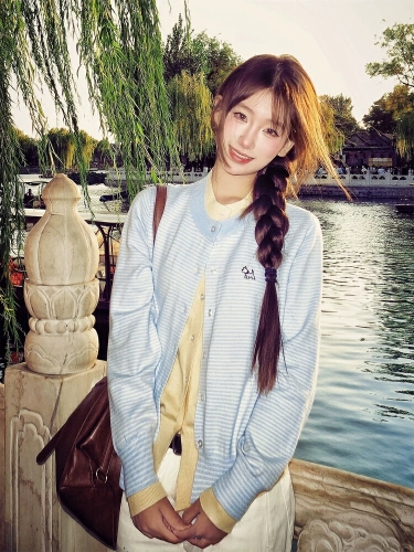 Women's Grey Pencil Cardigan Knit Sweater Fall Fashion Korean Style Striped Patchwork Fitted Slimming Long Sleeve Cardigan Outerwear