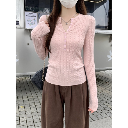 Real-shot Autumn/Winter Korean-style Elegant Half-Neck Cable-Knit Buttoned Design Andy Velvet Knitted Base Layer Sweater