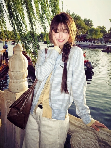 Women's Grey Pencil Cardigan Knit Sweater Fall Fashion Korean Style Striped Patchwork Fitted Slimming Long Sleeve Cardigan Outerwear