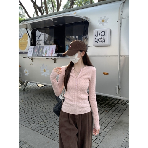 Real-shot Autumn/Winter Korean-style Elegant Half-Neck Cable-Knit Buttoned Design Andy Velvet Knitted Base Layer Sweater