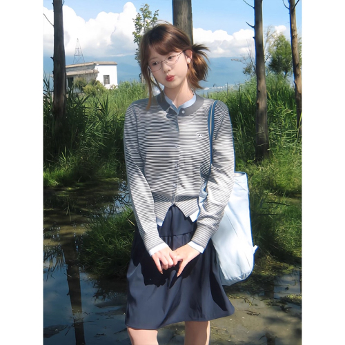 Women's Grey Pencil Cardigan Knit Sweater Fall Fashion Korean Style Striped Patchwork Fitted Slimming Long Sleeve Cardigan Outerwear