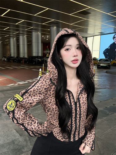Photographed~ American retro design short coat new winter style stand-up collar hooded waist-cinch slimming leopard print cardigan