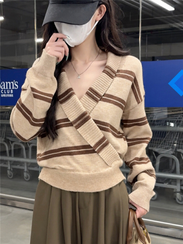 Hand-painted Designer Chic Knit Women's Striped Long Sleeve Crossed V-neck Sweater