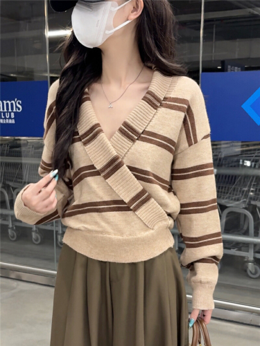 Hand-painted Designer Chic Knit Women's Striped Long Sleeve Crossed V-neck Sweater