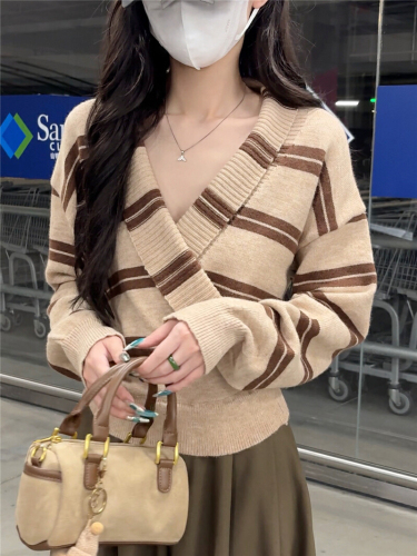 Hand-painted Designer Chic Knit Women's Striped Long Sleeve Crossed V-neck Sweater