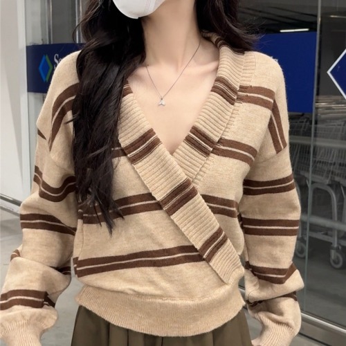 Hand-painted Designer Chic Knit Women's Striped Long Sleeve Crossed V-neck Sweater
