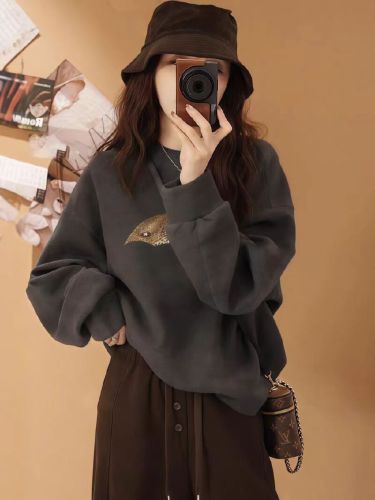 Women's Loose Casual Short-Sleeve Round Neck Sweatshirt for Autumn/Winter - Small Size