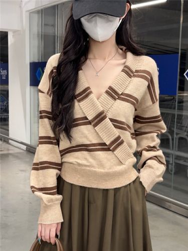 Hand-painted Designer Chic Knit Women's Striped Long Sleeve Crossed V-neck Sweater