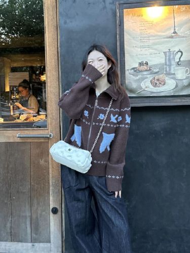 Polar Pattern Collar Sweater for Women 2025 Autumn/Winter New Arrival Loose Warm Knit Cardigan Outerwear