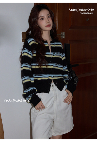 Chao Chao Home Korean Blue Striped Knit Sweater for Women 2025 Early Autumn Casual Elegant Fitted Cardigan Long Sleeve Top