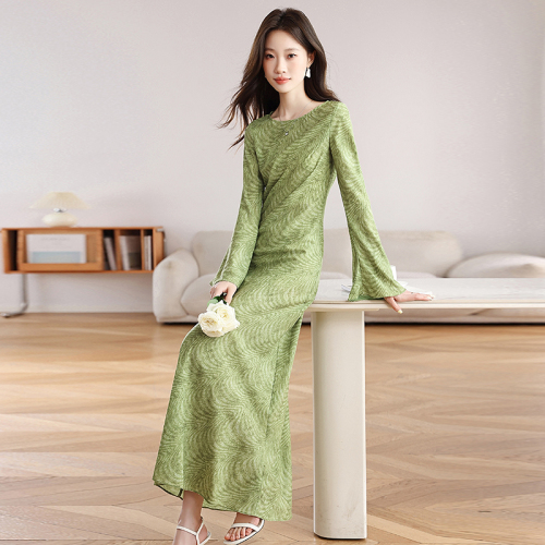 Photographed Green Field Poem Line Summer Women's French Retro Style Print Slim Fit Long Sleeve Dress