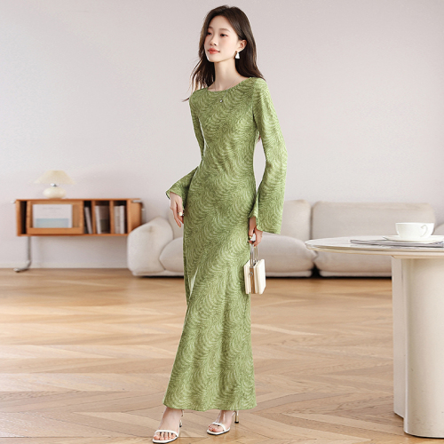 Photographed Green Field Poem Line Summer Women's French Retro Style Print Slim Fit Long Sleeve Dress