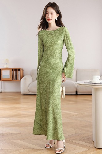 Photographed Green Field Poem Line Summer Women's French Retro Style Print Slim Fit Long Sleeve Dress