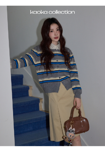 Chao Chao Home Korean Blue Striped Knit Sweater for Women 2025 Early Autumn Casual Elegant Fitted Cardigan Long Sleeve Top