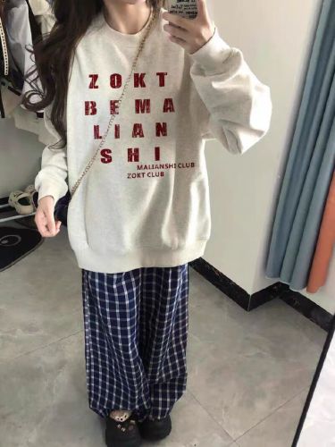 High-quality cotton blend CVC ribbed crew neck print sweatshirt for women, regular lined