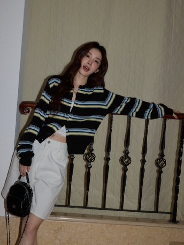 Chao Chao Home Korean Blue Striped Knit Sweater for Women 2025 Early Autumn Casual Elegant Fitted Cardigan Long Sleeve Top