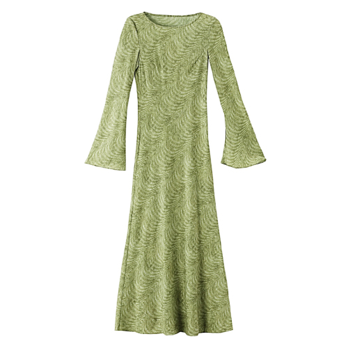Photographed Green Field Poem Line Summer Women's French Retro Style Print Slim Fit Long Sleeve Dress