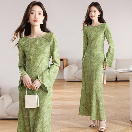 Photographed Green Field Poem Line Summer Women's French Retro Style Print Slim Fit Long Sleeve Dress