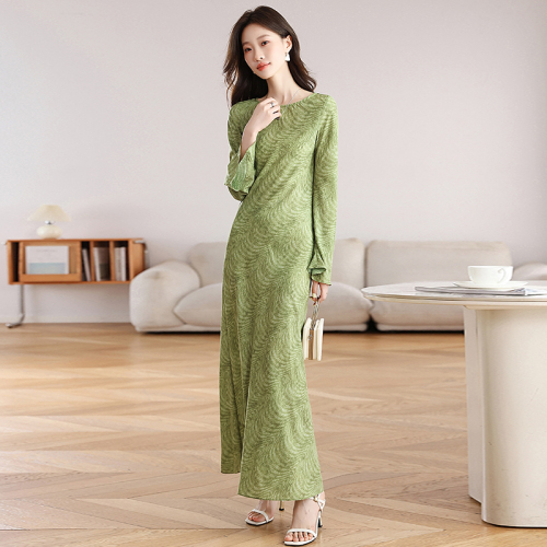 Photographed Green Field Poem Line Summer Women's French Retro Style Print Slim Fit Long Sleeve Dress
