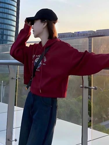 Pure cotton composite Korean style autumn and winter hooded short sweatshirt for women, plus fleece, regular style