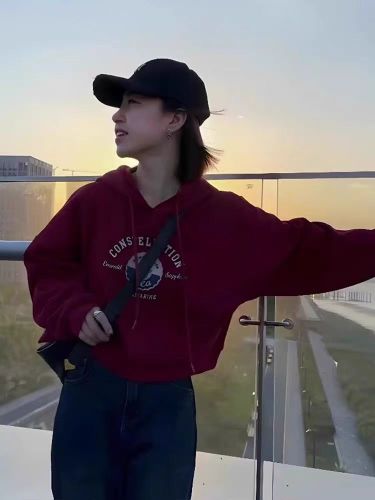 Pure cotton composite Korean style autumn and winter hooded short sweatshirt for women, plus fleece, regular style