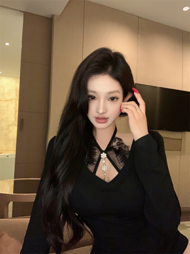 Actual shot ~ Pure lust hottie sexy halterneck top for women autumn and winter long-sleeved T-shirt plus velvet bottoming shirt with T-shirt