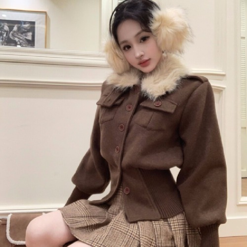 Real shot~Songcha Cocoa high-end retro metal buckle jacket for women winter new woolen jacket top