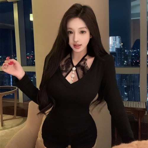 Actual shot ~ Pure lust hottie sexy halterneck top for women autumn and winter long-sleeved T-shirt plus velvet bottoming shirt with T-shirt