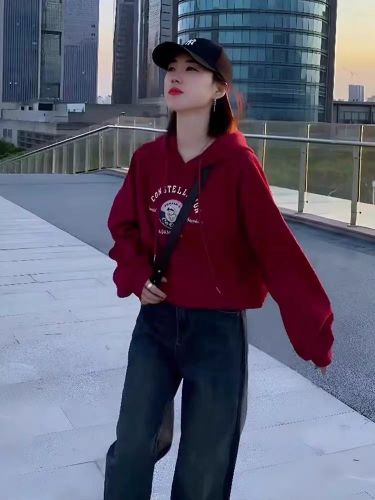 Pure cotton composite Korean style autumn and winter hooded short sweatshirt for women, plus fleece, regular style