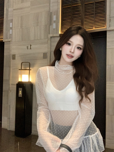 Actual shot~ High neck polka dot long sleeve lace 2025 new lotus leaf edge layering sheer single top