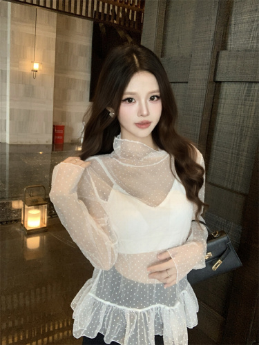 Actual shot~ High neck polka dot long sleeve lace 2025 new lotus leaf edge layering sheer single top