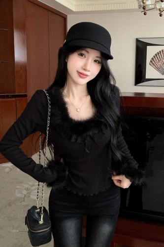 ~Photographed~ Sweet Girl's Lace Edge Plush Design Autumn Inner Layer Base Shirt Very Good Looking Top