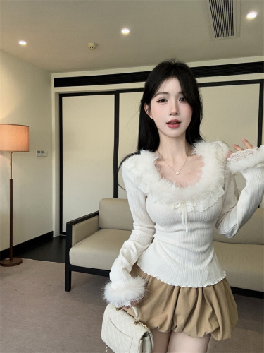 ~Photographed~ Sweet Girl's Lace Edge Plush Design Autumn Inner Layer Base Shirt Very Good Looking Top