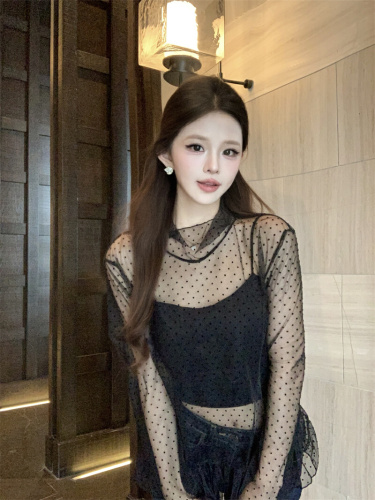 Actual shot~ High neck polka dot long sleeve lace 2025 new lotus leaf edge layering sheer single top