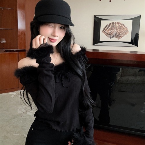 ~Photographed~ Sweet Girl's Lace Edge Plush Design Autumn Inner Layer Base Shirt Very Good Looking Top