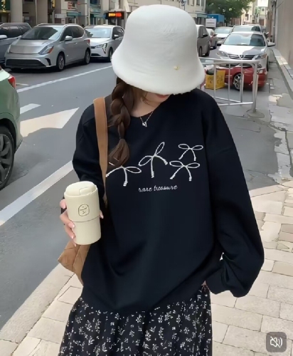 Cotton-Blend CVC Ribbed Crew Neck Print Sweatshirt for Women and Men Couples Regular Thickenened