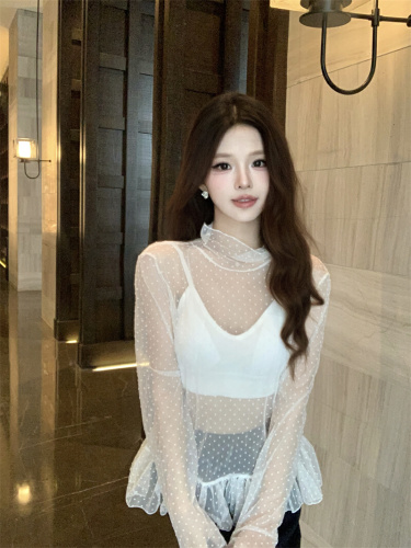 Actual shot~ High neck polka dot long sleeve lace 2025 new lotus leaf edge layering sheer single top