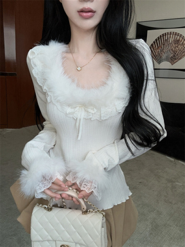 ~Photographed~ Sweet Girl's Lace Edge Plush Design Autumn Inner Layer Base Shirt Very Good Looking Top
