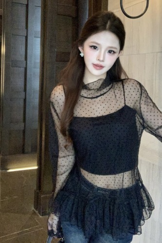 Actual shot~ High neck polka dot long sleeve lace 2025 new lotus leaf edge layering sheer single top