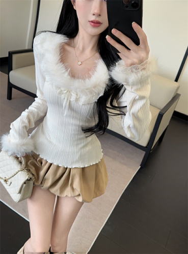 ~Photographed~ Sweet Girl's Lace Edge Plush Design Autumn Inner Layer Base Shirt Very Good Looking Top