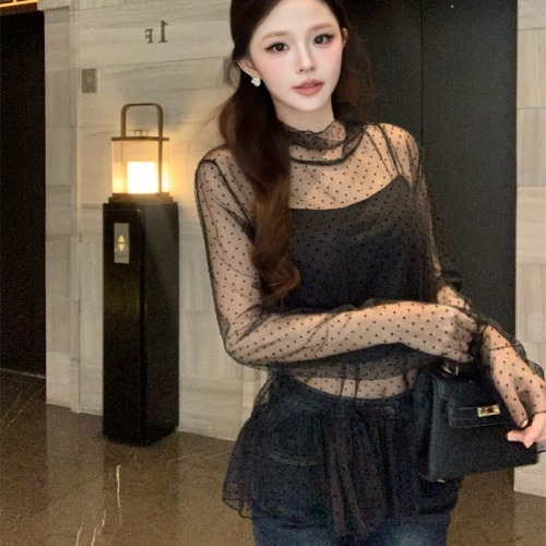 Actual shot~ High neck polka dot long sleeve lace 2025 new lotus leaf edge layering sheer single top
