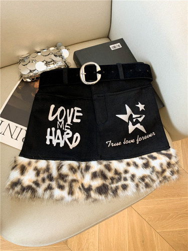 Real-shot ~ American-style edgy leopard-print fur-embellished low-rise skirt for women, perfect for autumn and winter—Millennial-style bodycon design