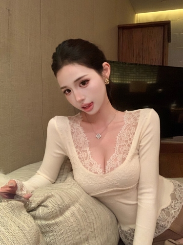 White Lace Deep V Long Sleeve T-Shirt for Women - Autumn Spice, Muscle-Hiding, Slimming, Layering Top