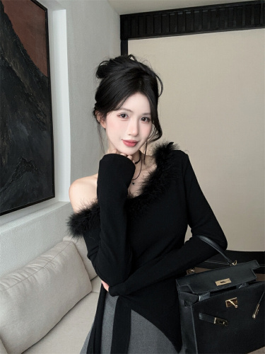 Actual shot~ Pure desire spicy girl one-shoulder fuzzy top women's autumn and winter fur collar slim fit knit inner layer base shirt