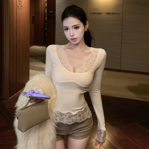 White Lace Deep V Long Sleeve T-Shirt for Women - Autumn Spice, Muscle-Hiding, Slimming, Layering Top