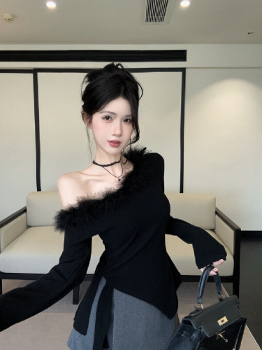 Actual shot~ Pure desire spicy girl one-shoulder fuzzy top women's autumn and winter fur collar slim fit knit inner layer base shirt