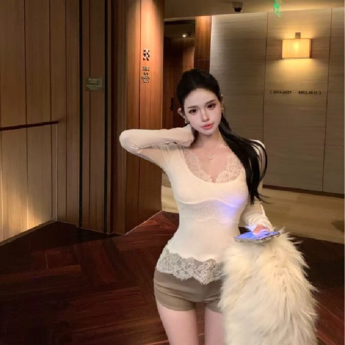 White Lace Deep V Long Sleeve T-Shirt for Women - Autumn Spice, Muscle-Hiding, Slimming, Layering Top